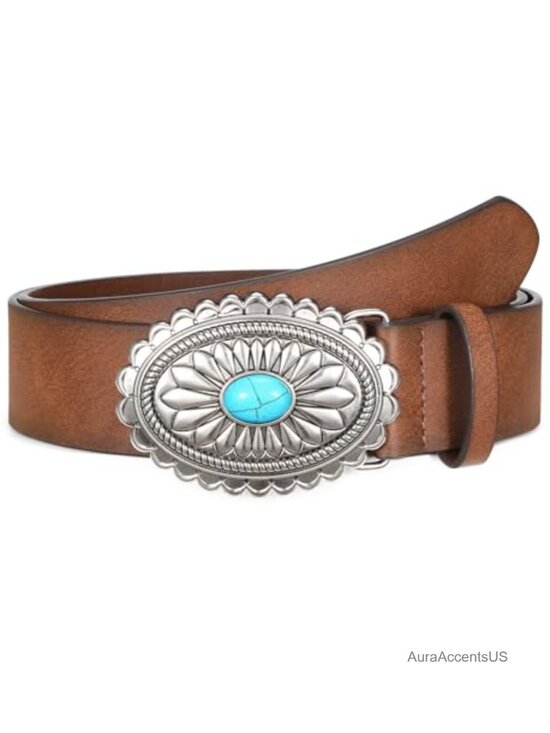 Accessories - Western Cowgirl Belt with Concho Turquoise Buckle Faux Leather